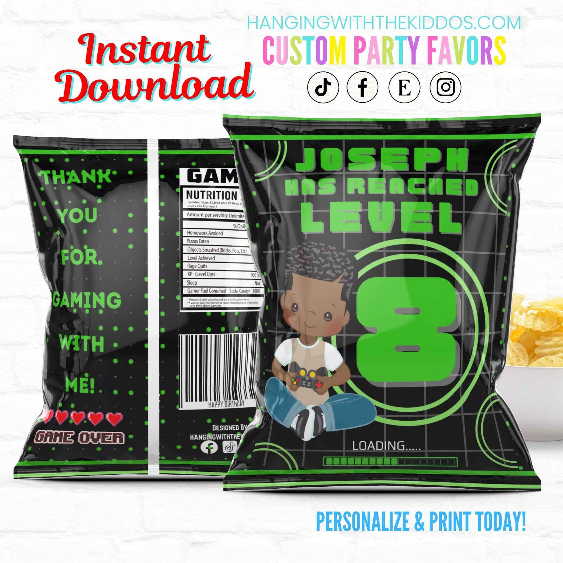 Video Game Level Up Party Favor Personalized Chip Bags| Instant Download