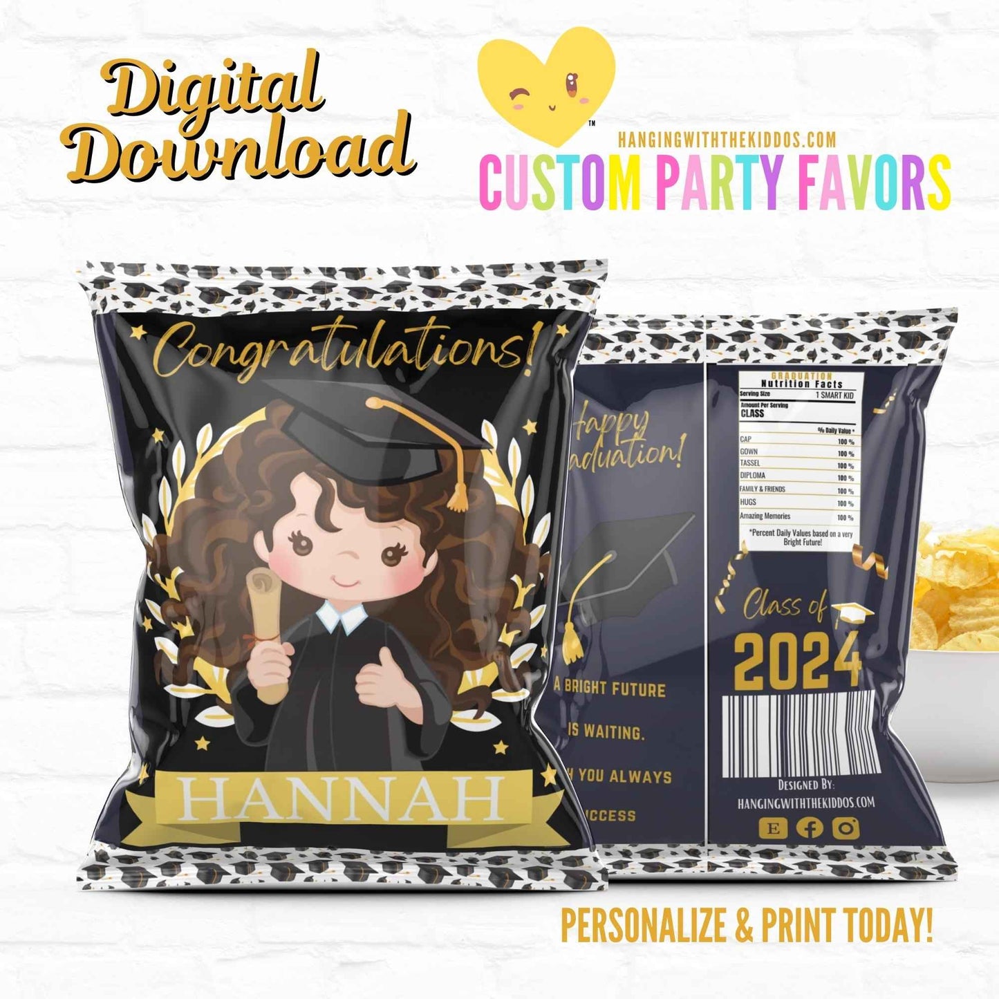 Graduation Party Custom Party Favors Personalized Chip Bags|Printable File Girl 04 Hanging with the Kiddos