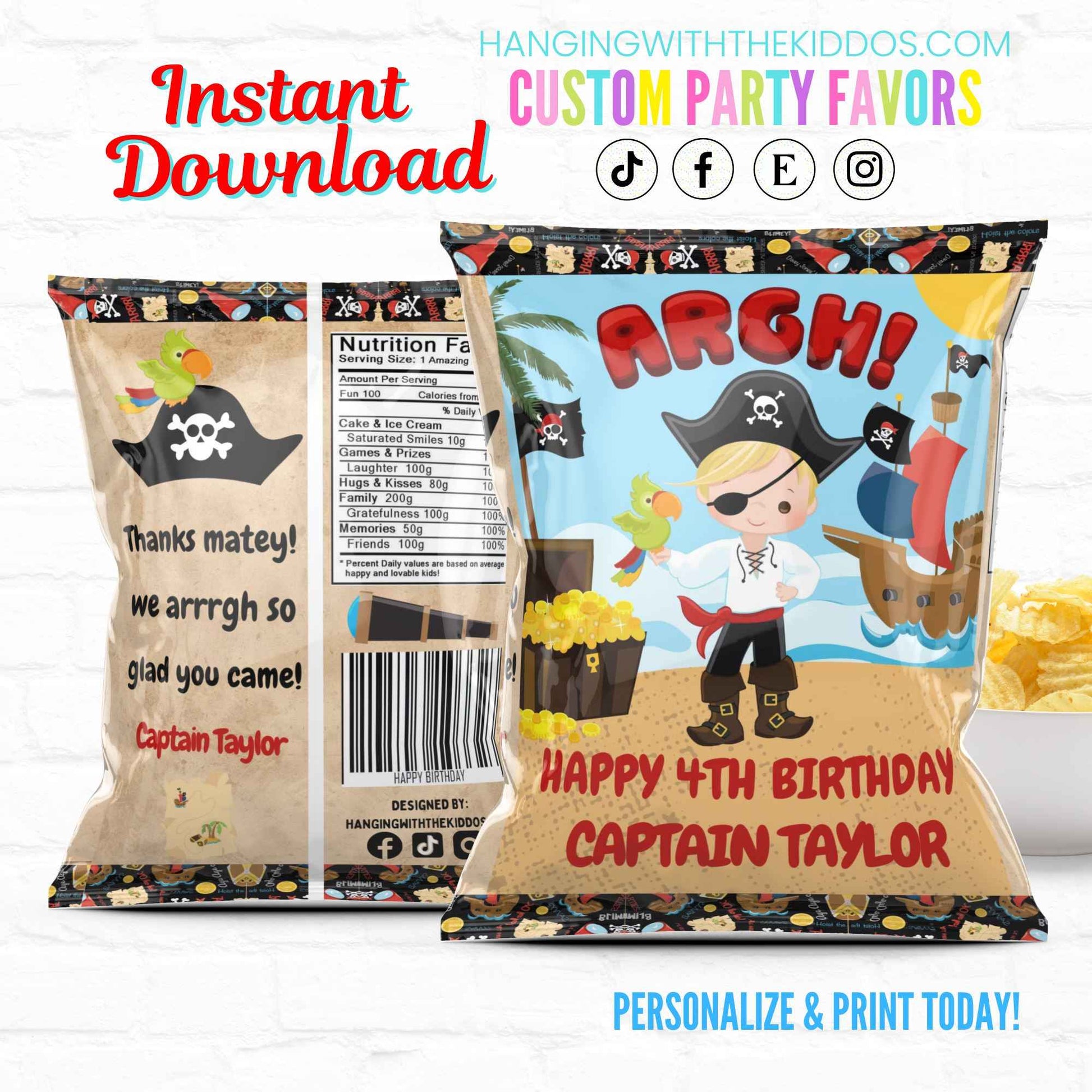 Pirate Birthday Party Favors Personalized Chip Bags Instant Download 03