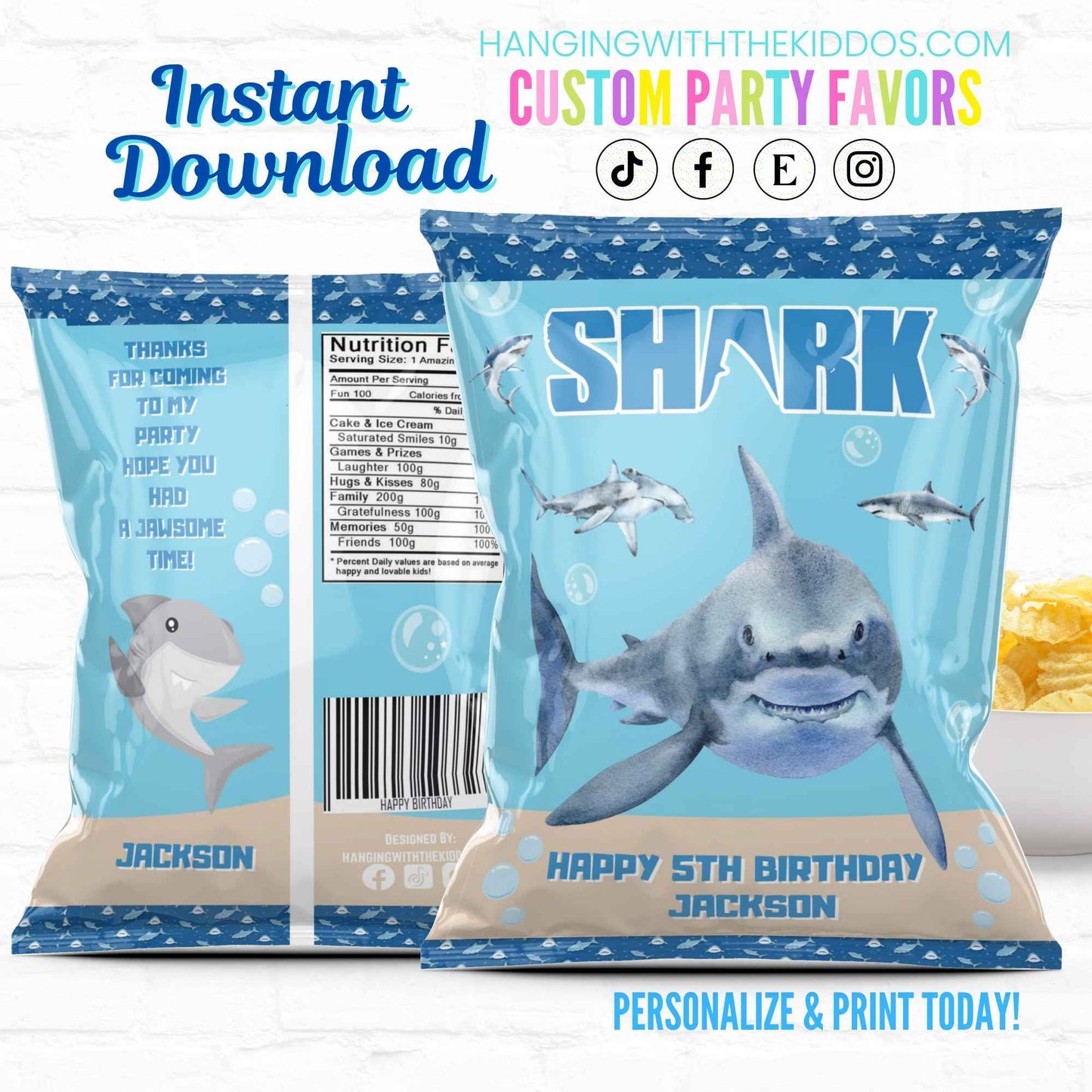 Shark Birthday Party Favor Personalized Chip Bag| Instant Download