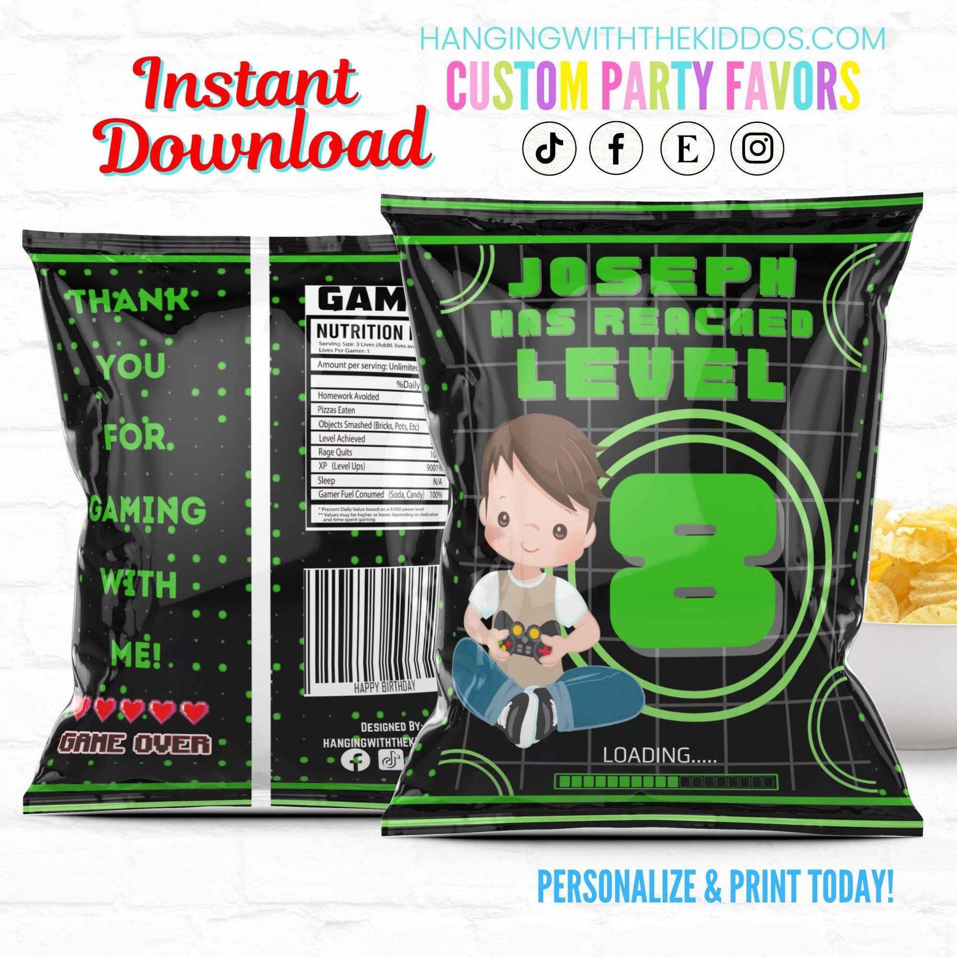 Video Game Level Up Party Favor Personalized Chip Bags| Instant Download-03