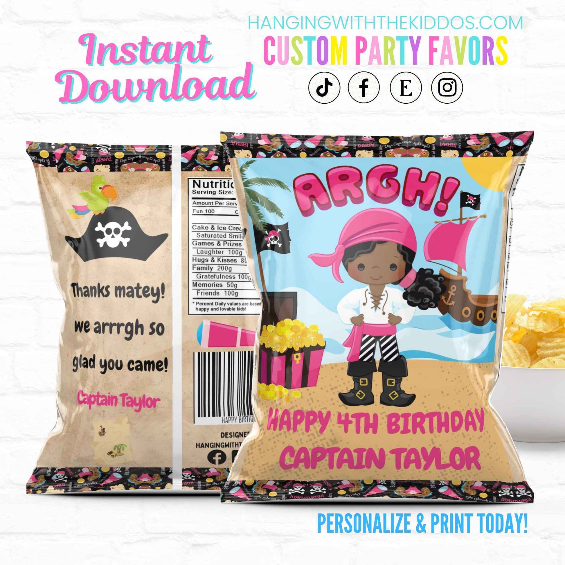 Girl Pirate Birthday Party Favors Personalized Chip Bags Instant Download