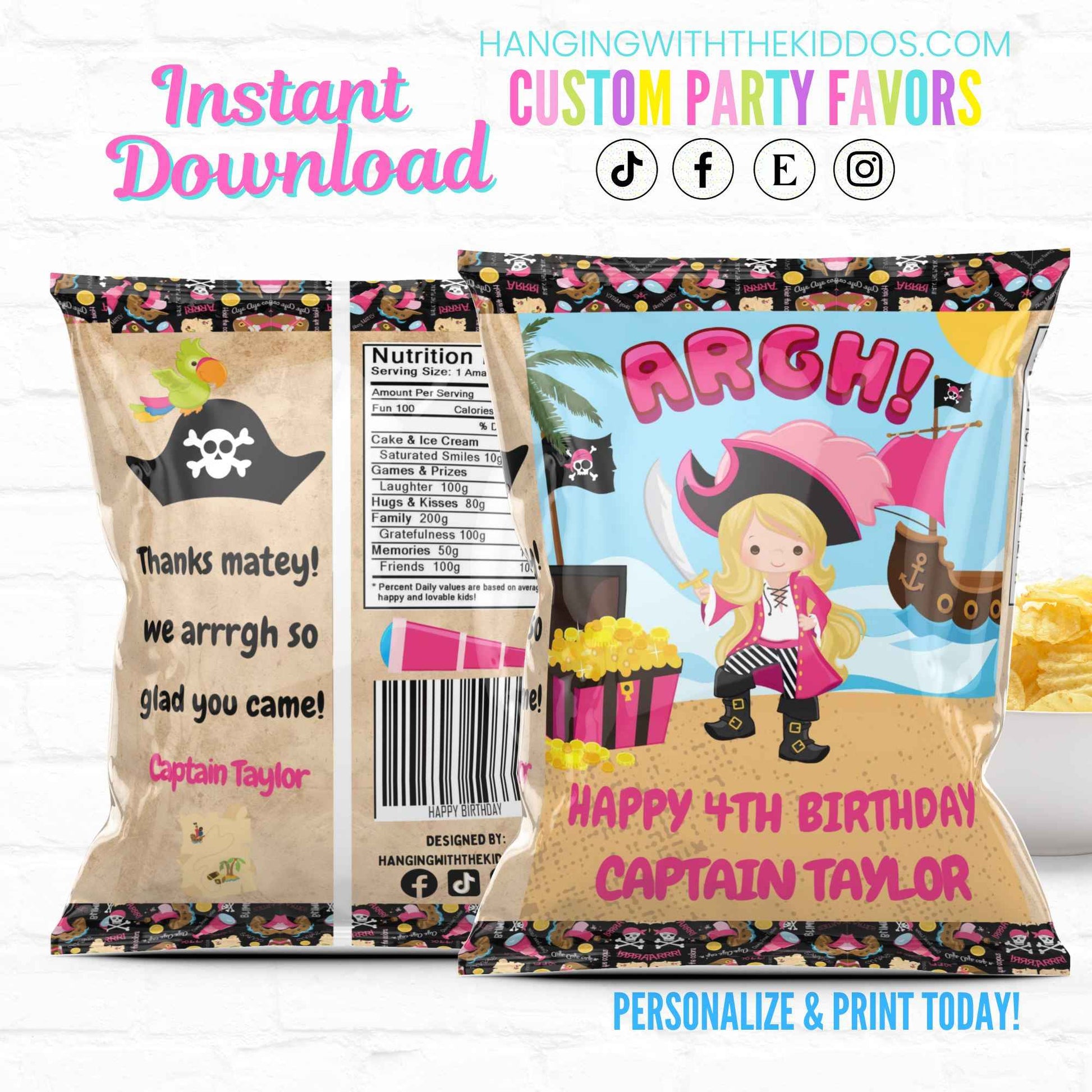 Girl Pirate Birthday Party Favors Personalized Chip Bags Instant Download 03