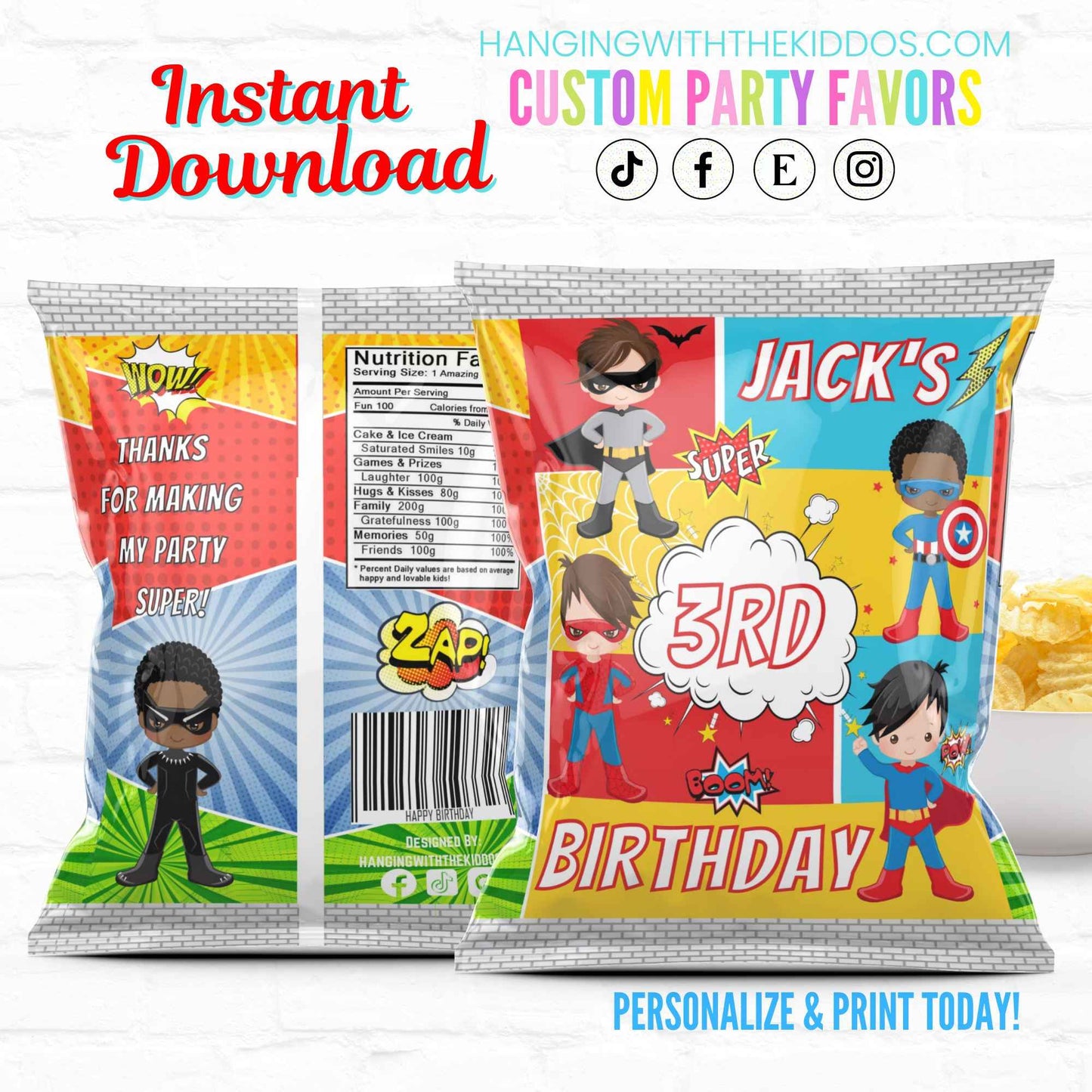 Superhero Birthday Party Favor Personalized Chip Bag Instant Download