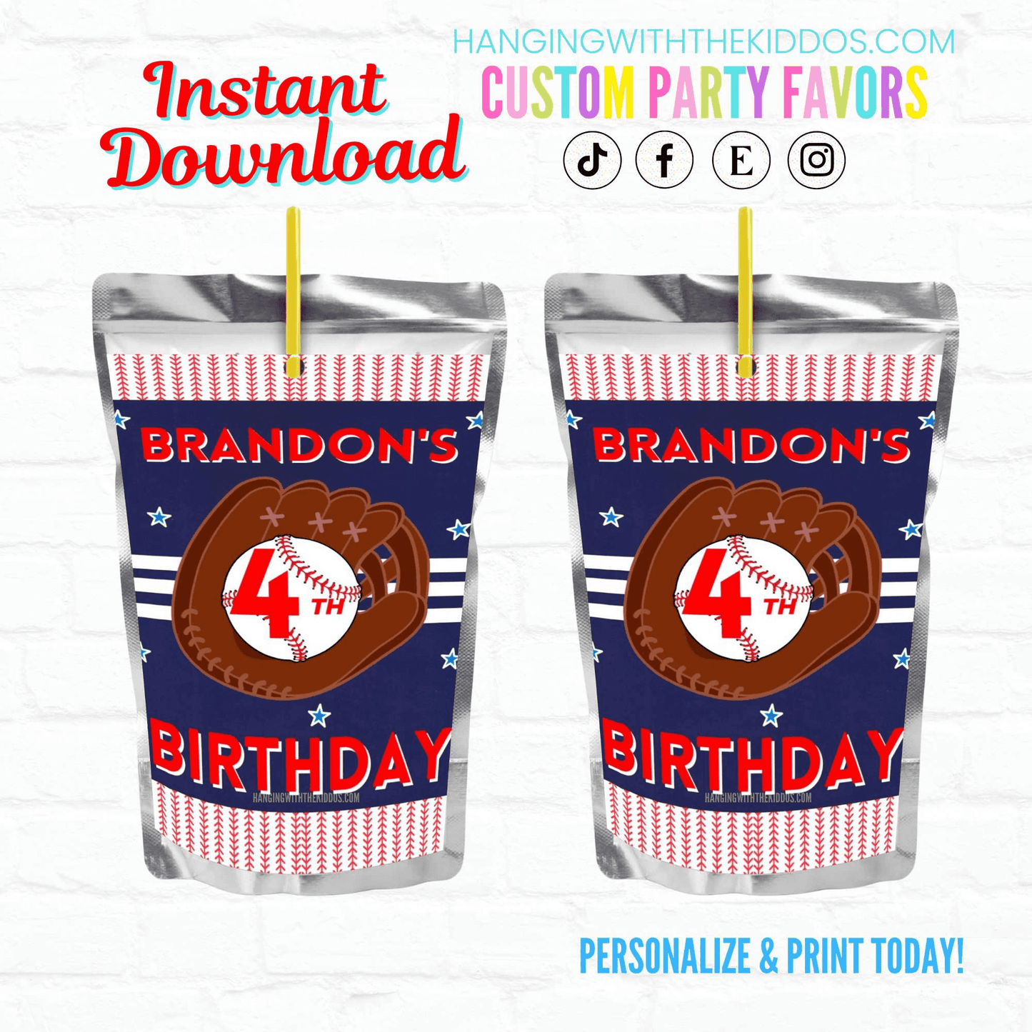 Baseball Birthday Party Personalized Juice Pouch Labels| Instant Download