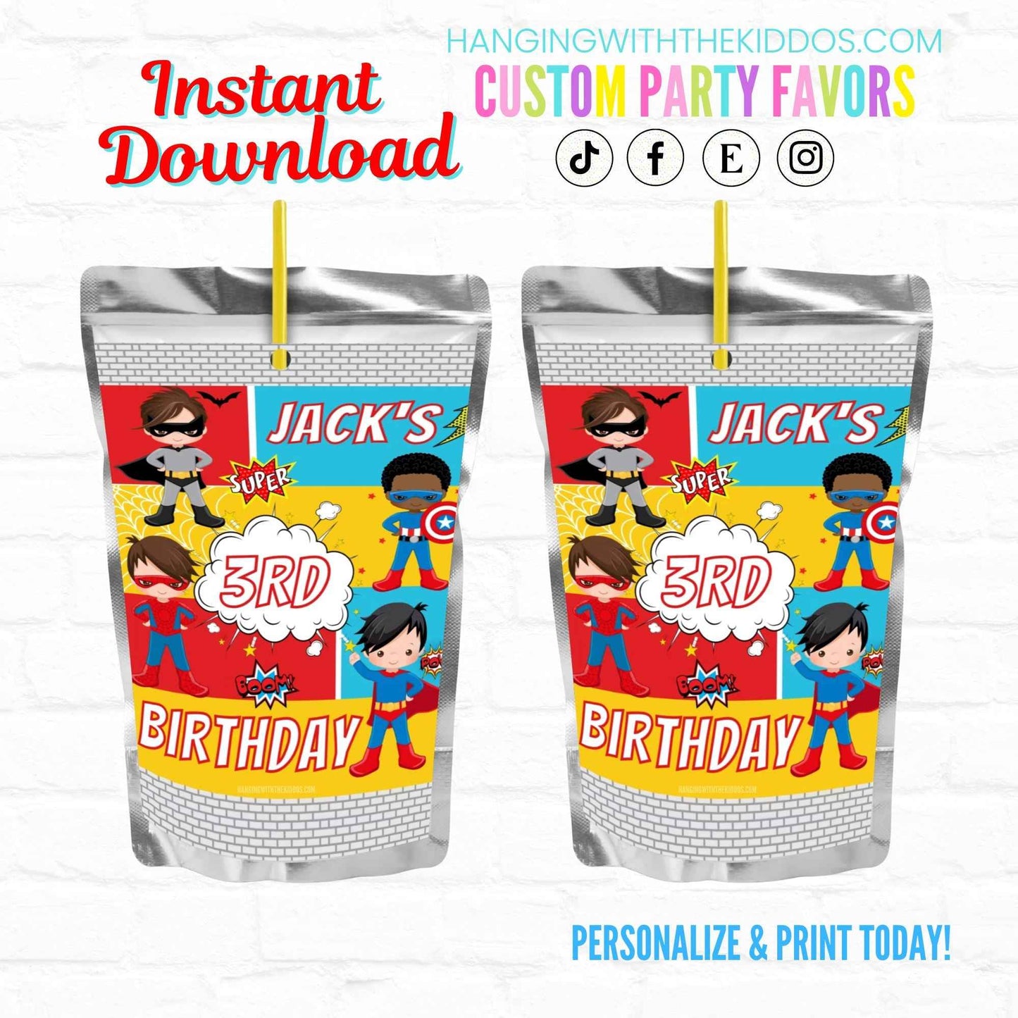 Superhero Birthday Party Personalized Juice Pouch Labels| Instant Download