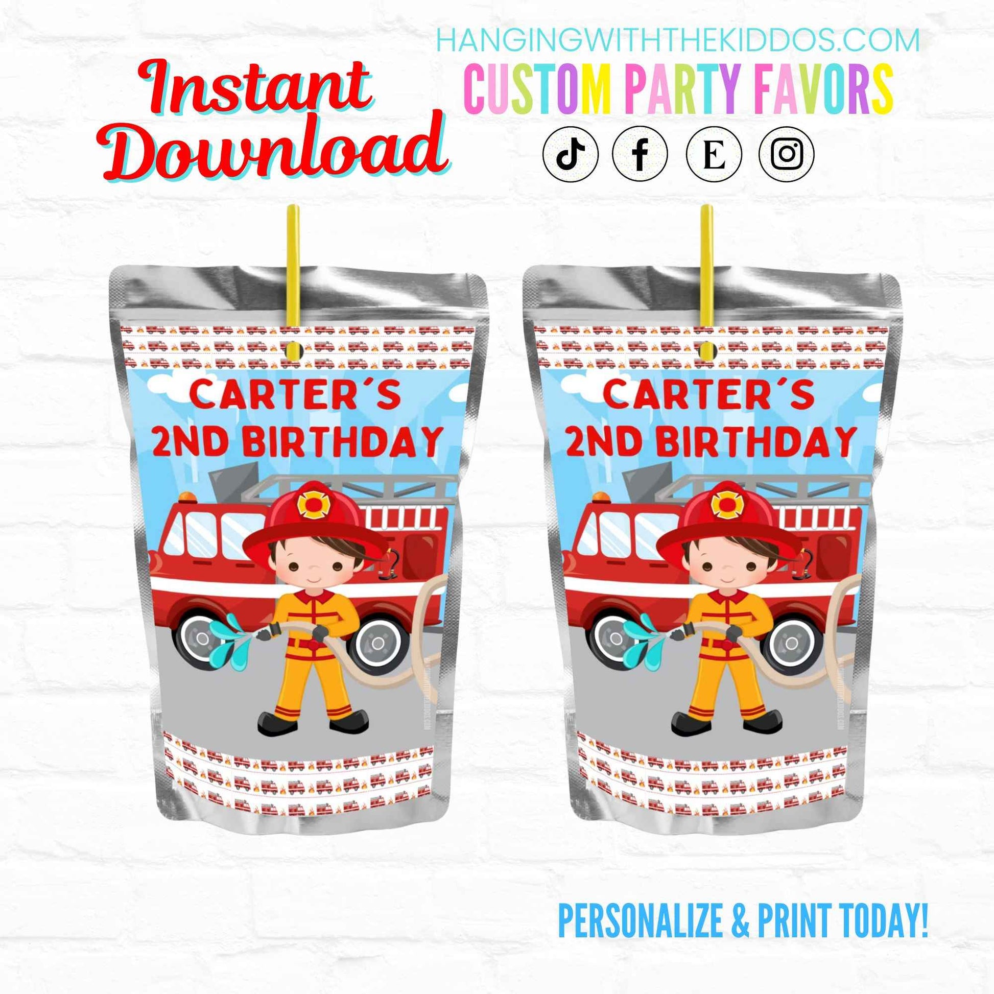 Firefighter Birthday Personalized Juice Pouch Labels| Instant Download 02