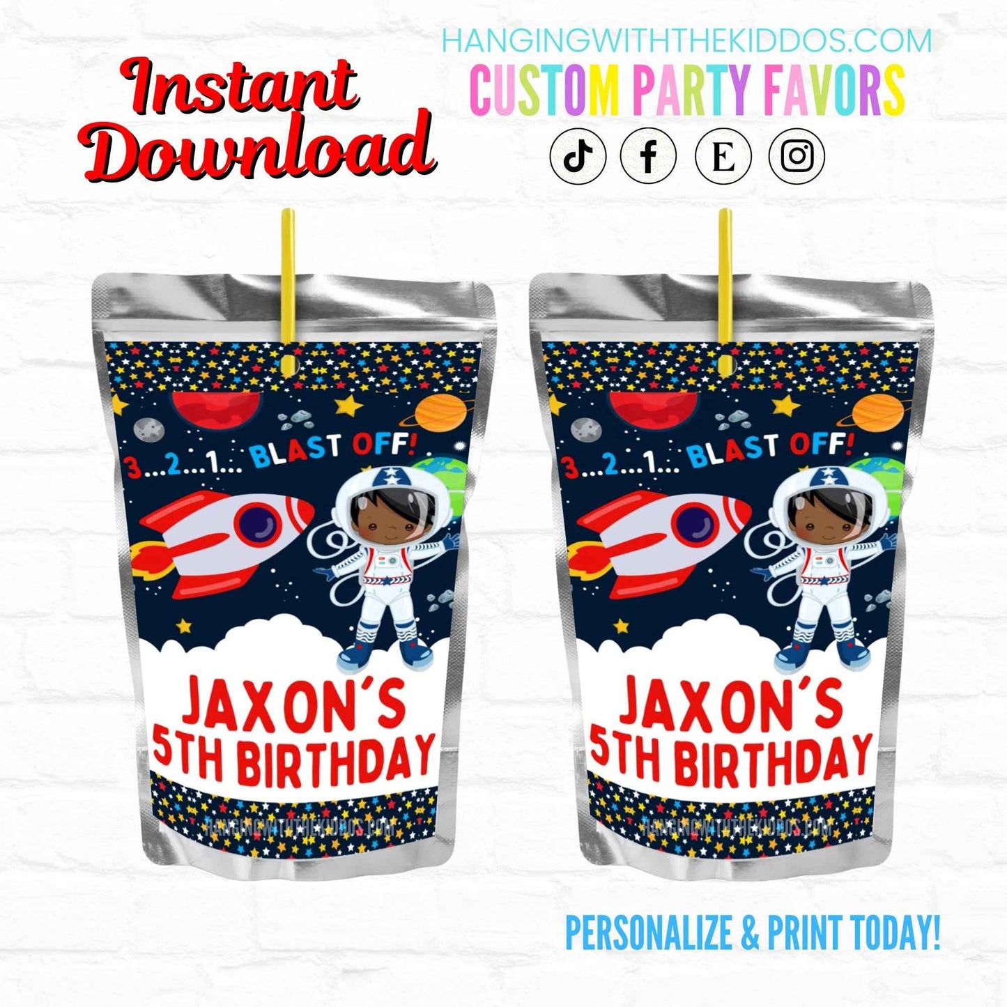 Space Birthday Astronaut Personalized Juice Pouch Labels|Instant Download 01