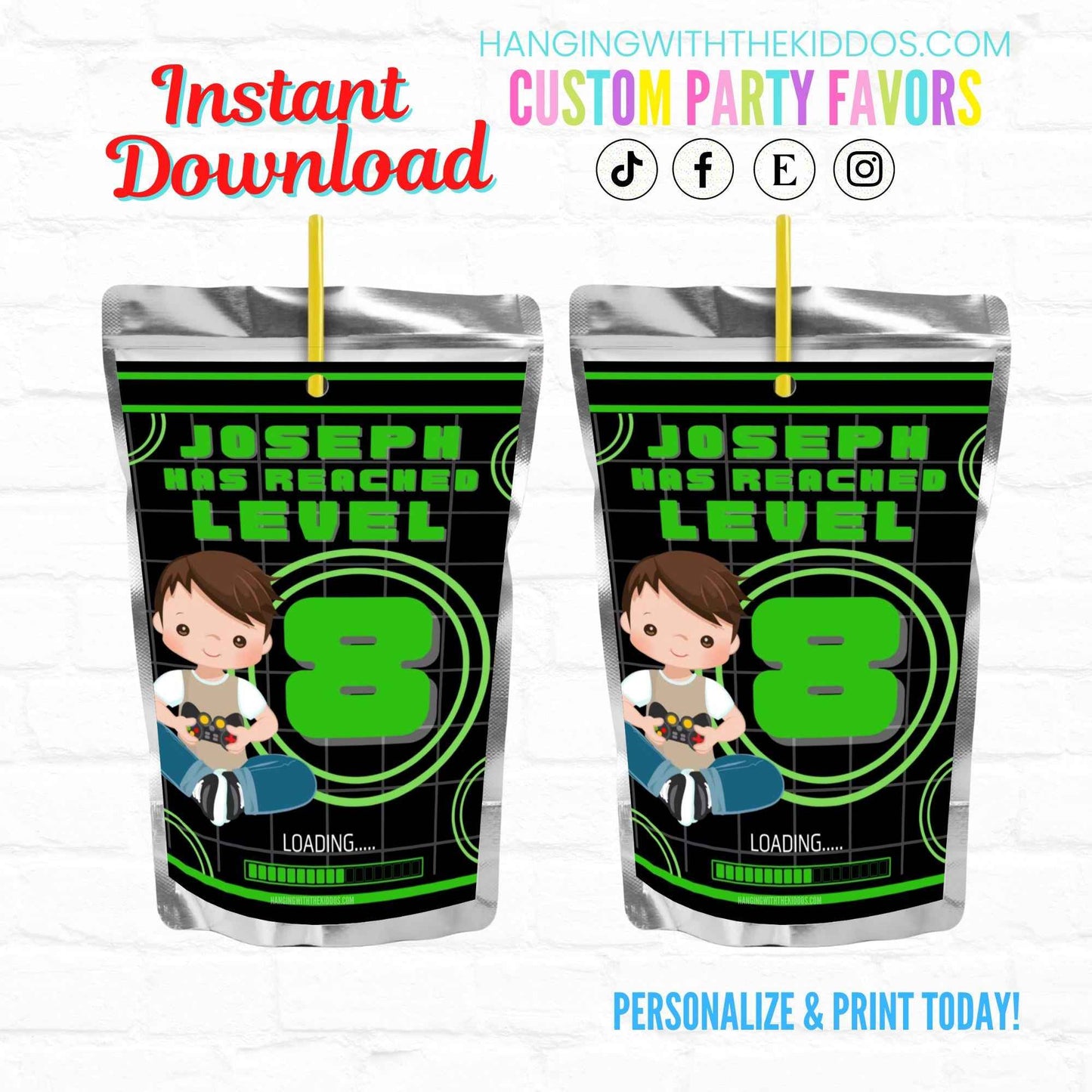 Video Game Birthday Party Personalized Juice Pouch Labels| Instant Download 03