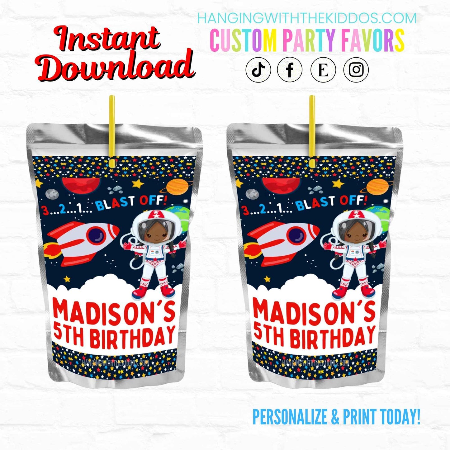 Space Birthday Girl Astronaut Personalized Juice Pouch Labels|Instant Download 03
