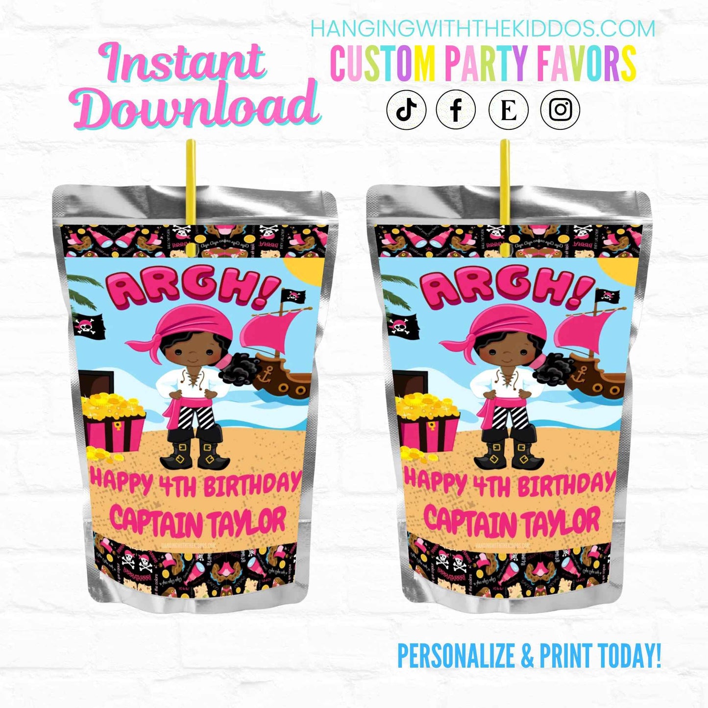 Girl Pirate Birthday Personalized Juice Pouch Labels| Instant Download