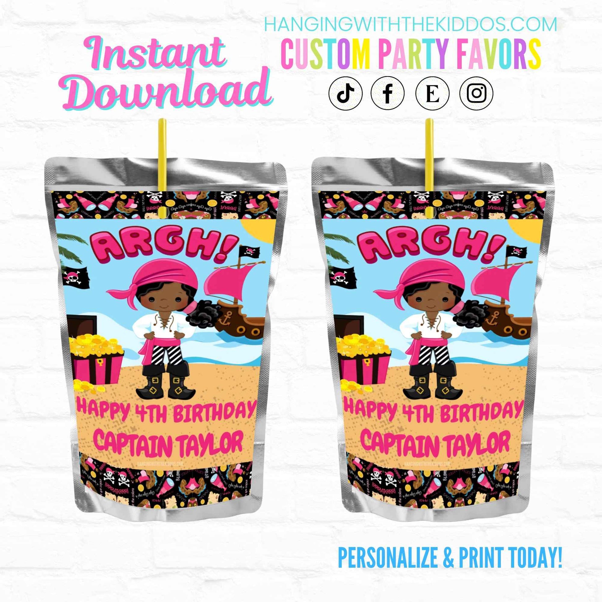 Girl Pirate Birthday Personalized Juice Pouch Labels| Instant Download