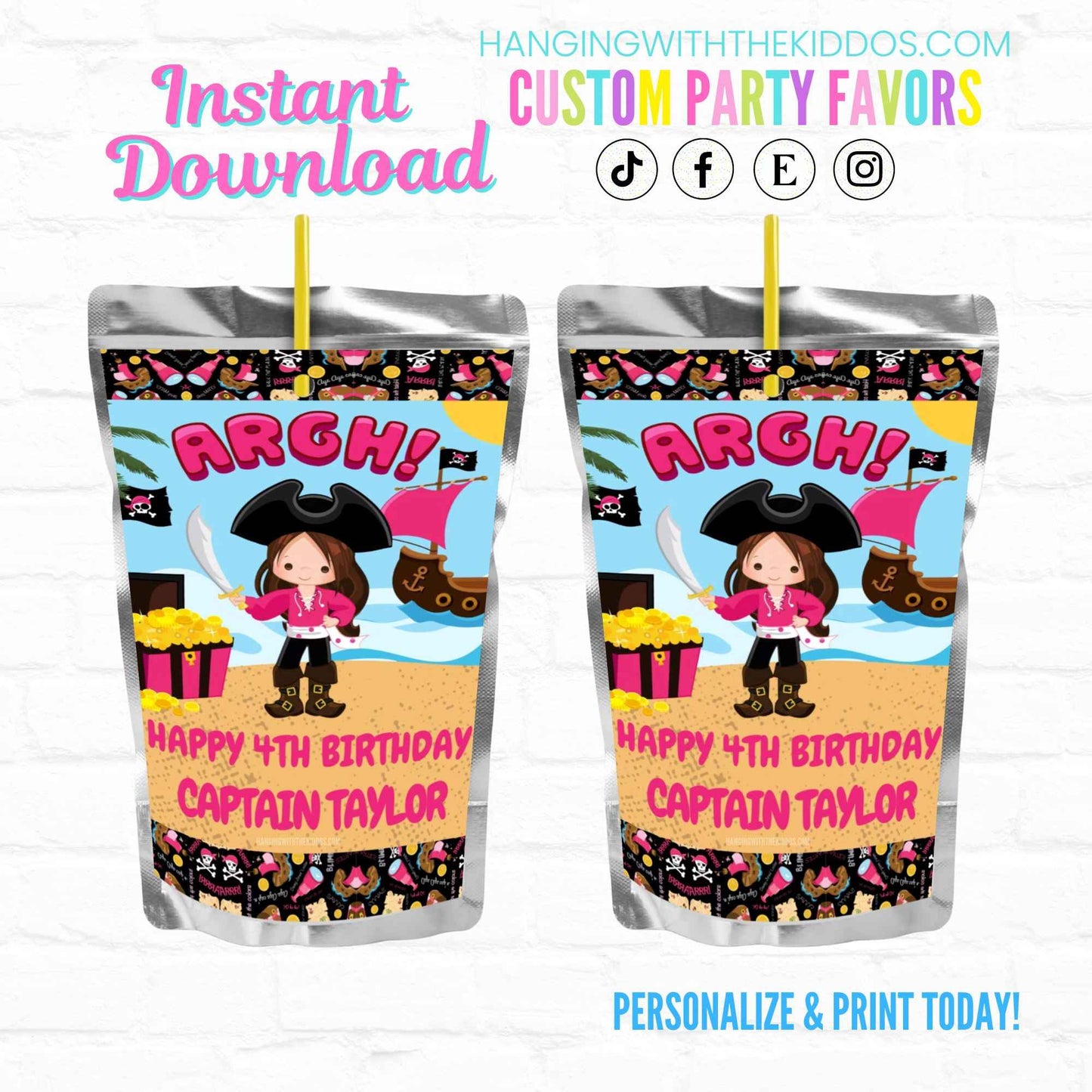 Girl Pirate Birthday Personalized Juice Pouch Labels| Instant Download 02