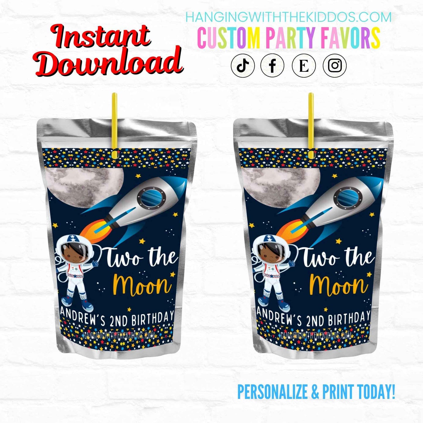 Two the Moon Space Birthday Personalized Juice Pouch Labels| Instant Download 01