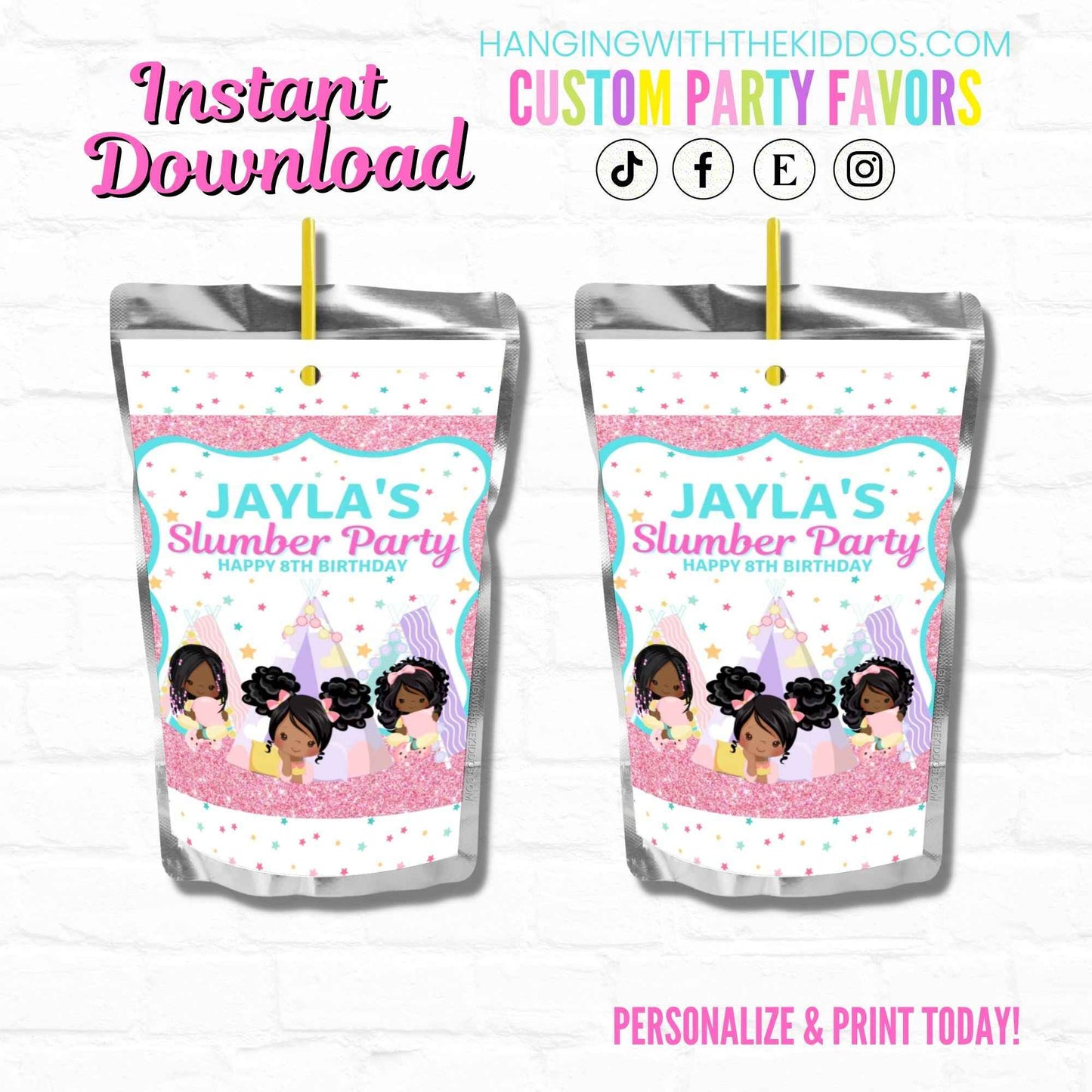 Tween Slumber Party Personalized Juice Pouch Labels| Instant Download