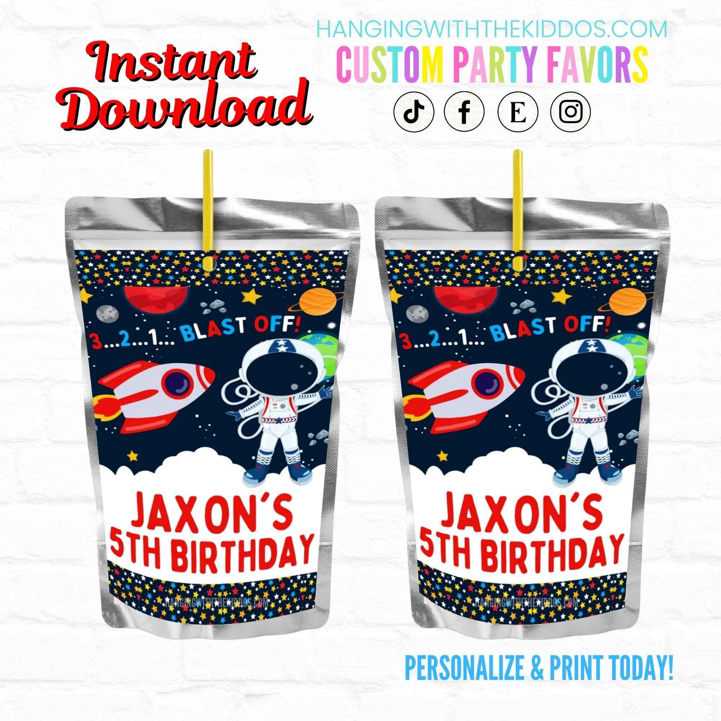 Space Birthday Astronaut Personalized Juice Pouch Labels|Instant Download