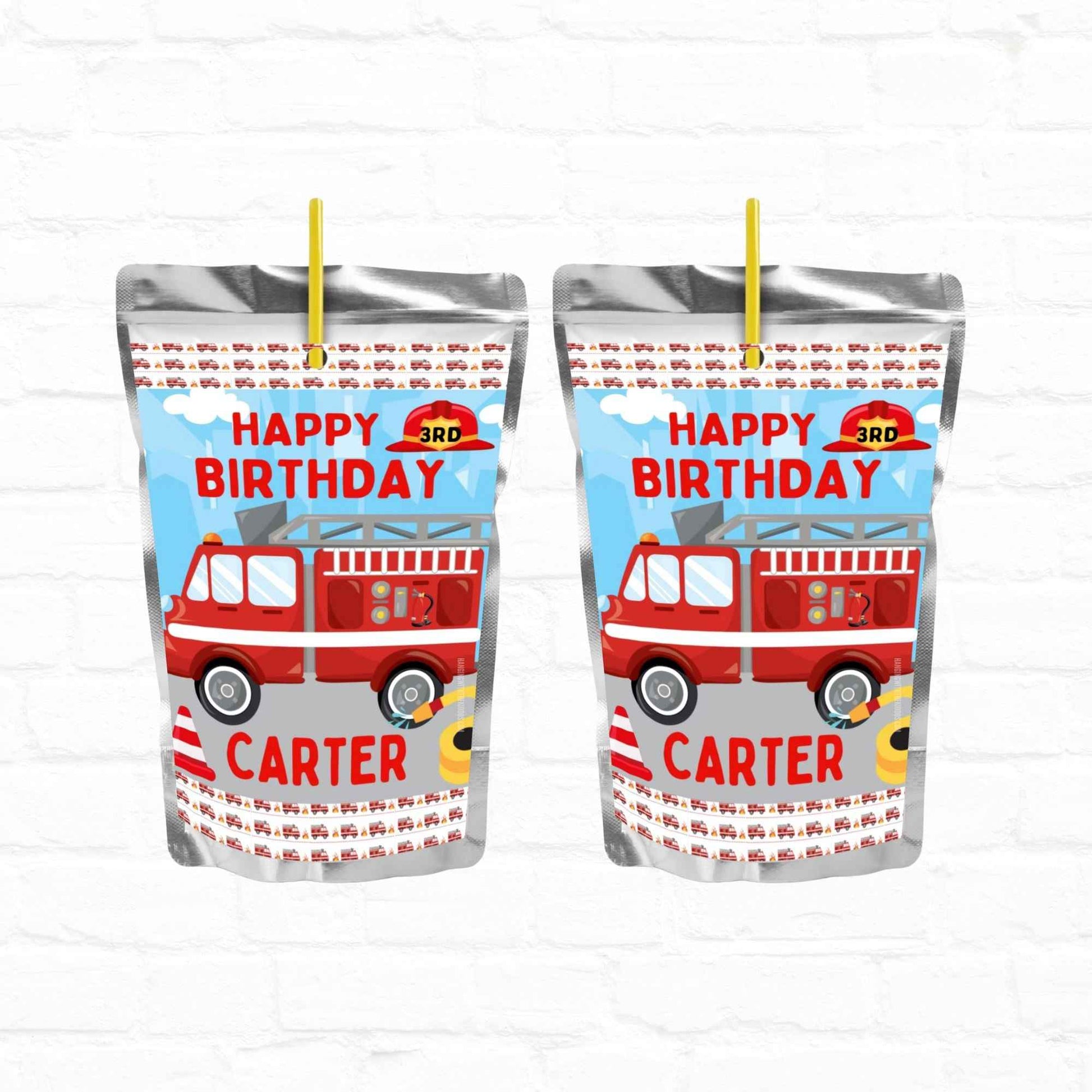 Fire Truck Firefighter Birthday Personalized Juice Pouch Labels| Instant Download