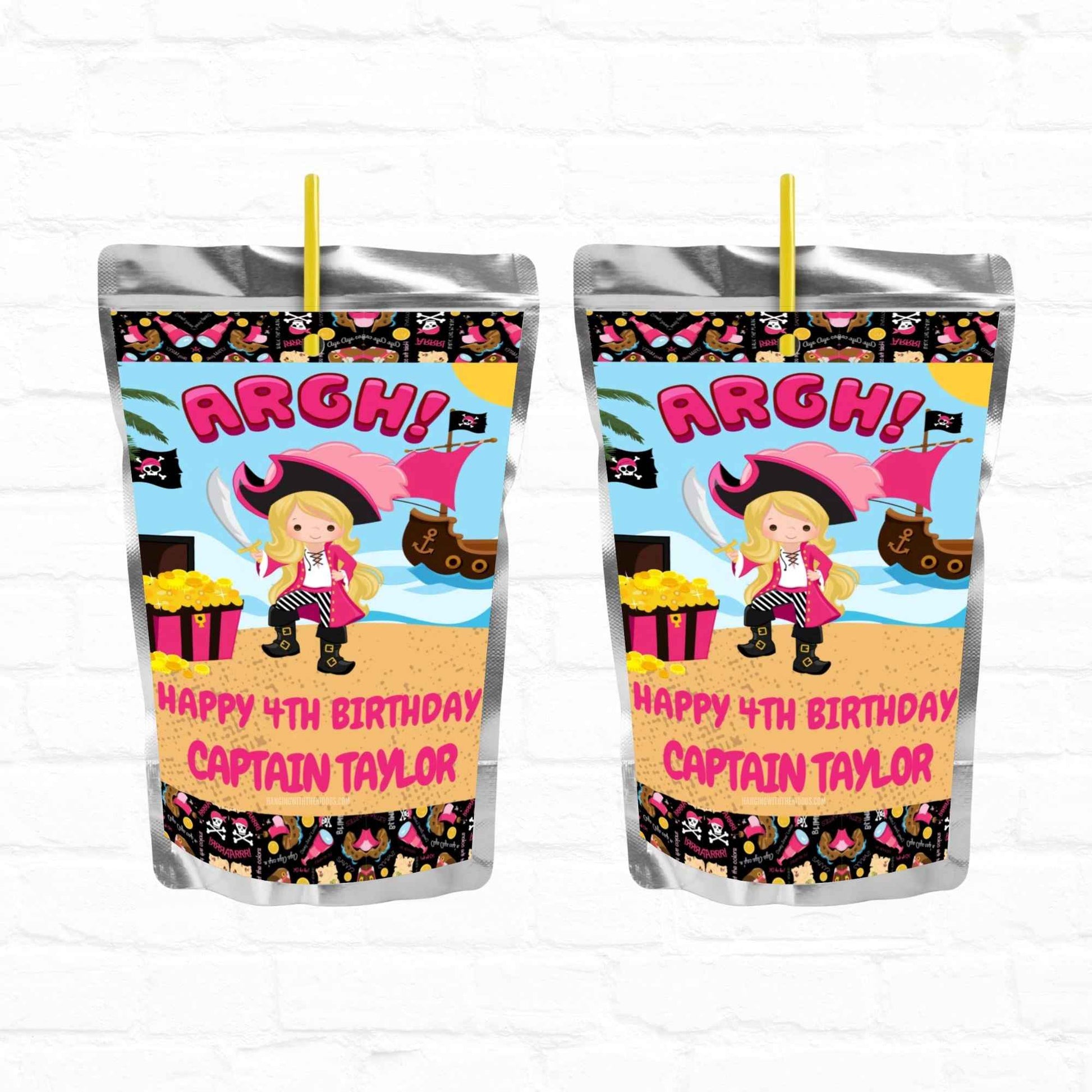 Girl Pirate Birthday Personalized Juice Pouch Labels| Instant Download 03