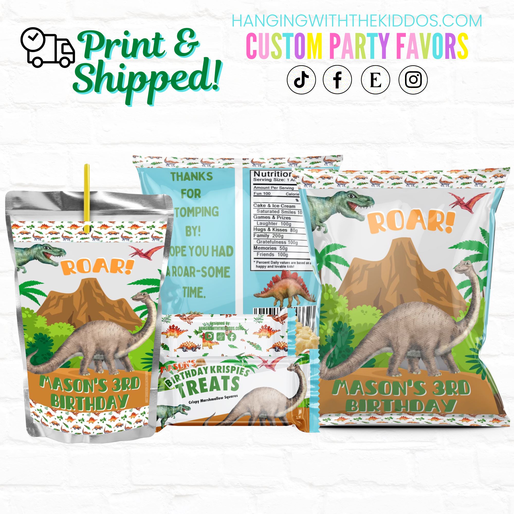 Dinosaur Birthday Party Favor Personalized Chip Bag Instant