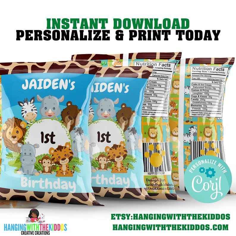 Safari Birthday Party Favors Chip Bag Template, Jungle Birthday Party| Boy First Birthday
