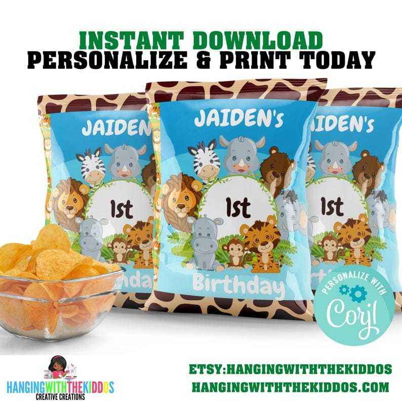 Safari Birthday Party Favors Chip Bag Template, Jungle Birthday Party| Boy First Birthday