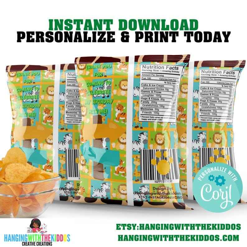 Safari Birthday Party Favors Chip Bag Template, Jungle Birthday Party| Boy First Birthday