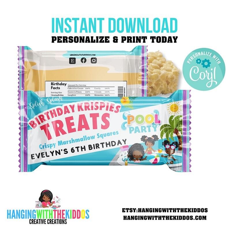 Girls Pool Party| Rice Krispy Treats Party Favors | Summer Party Goodie bags Personalize & Print Today Get your Instant Download Now!