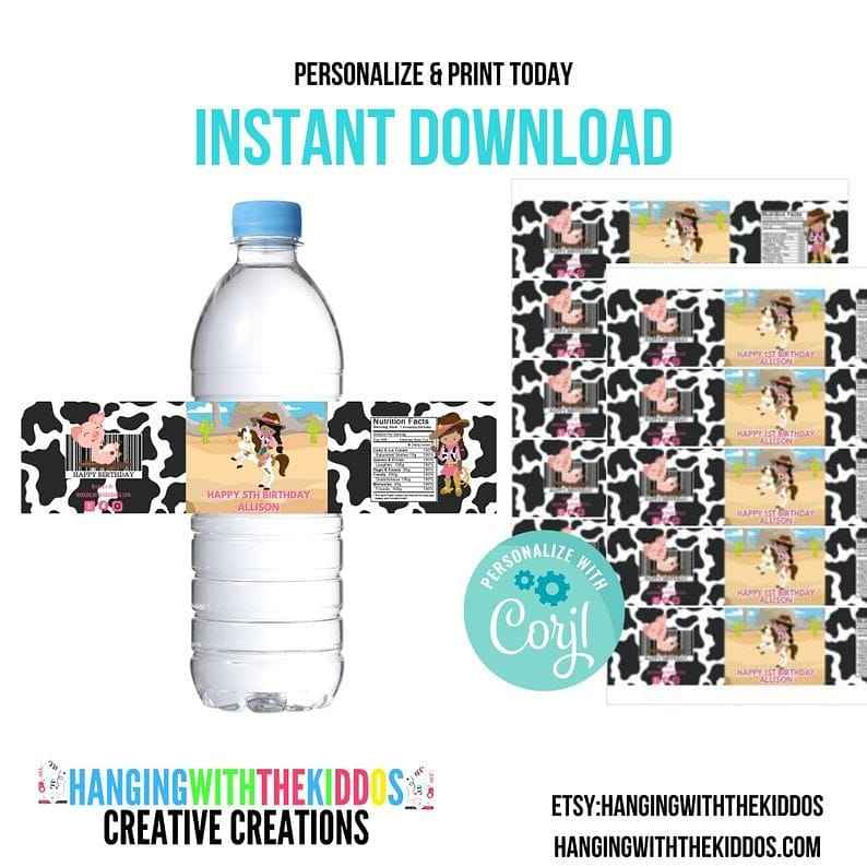 Cowgirl Personalized Spa Day Water Bottle Labels