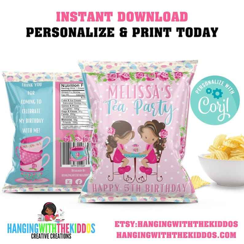 Tea Party Favors Chip Bags Goodie Bags| Tea Party Decorations| Personalize & Print Today
