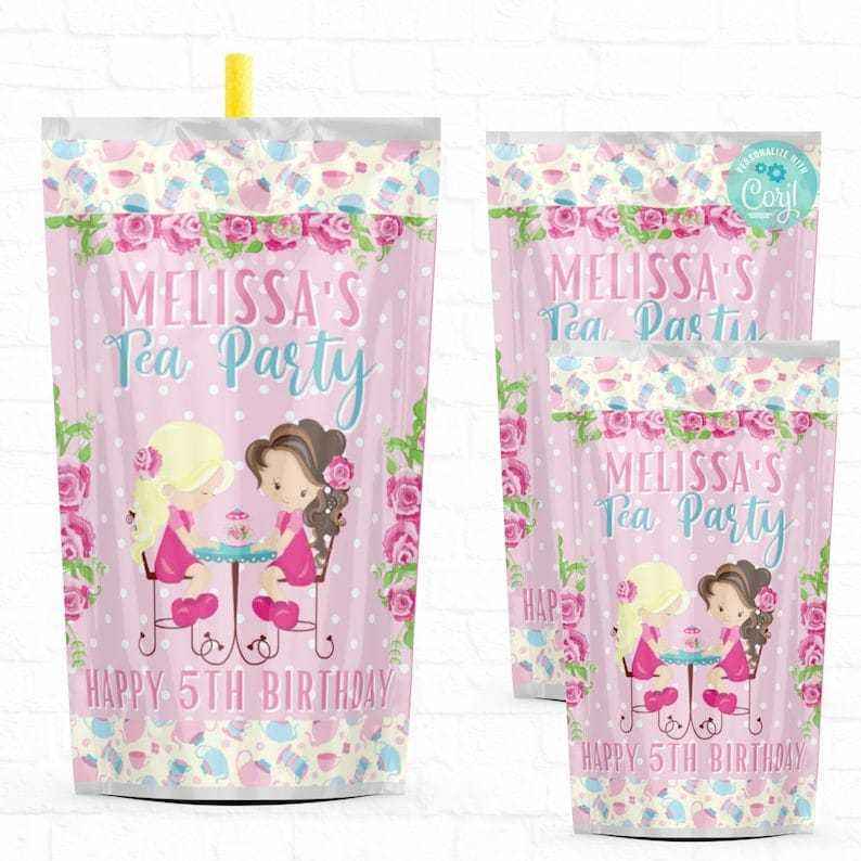 Tea Party Favors Drink Pouches | Tea Party Decorations| Personalize Labels