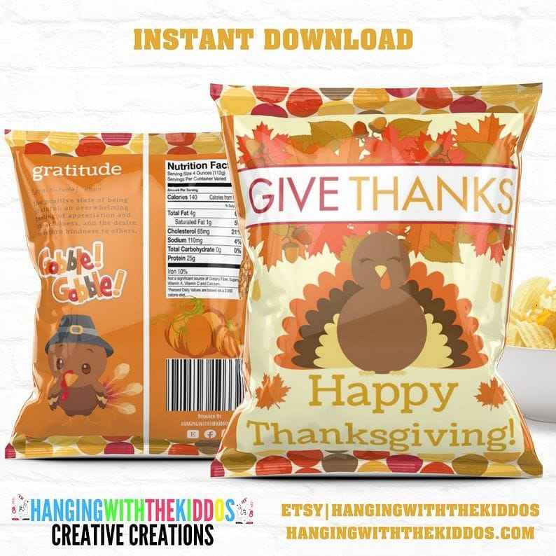 Thanksgiving Printable Chip Bags| Treat Bags Send Thanksgiving guests home with something sweet| Get your Instant Download Now!