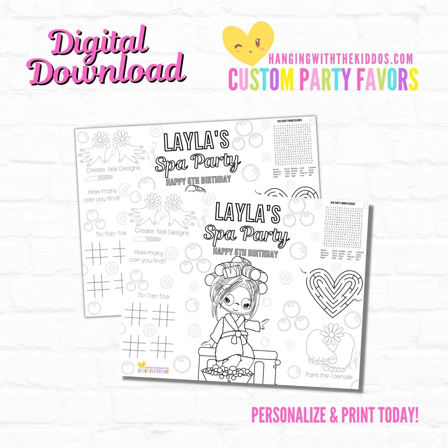 Spa Party Personalize Activity Placemat|Printable File