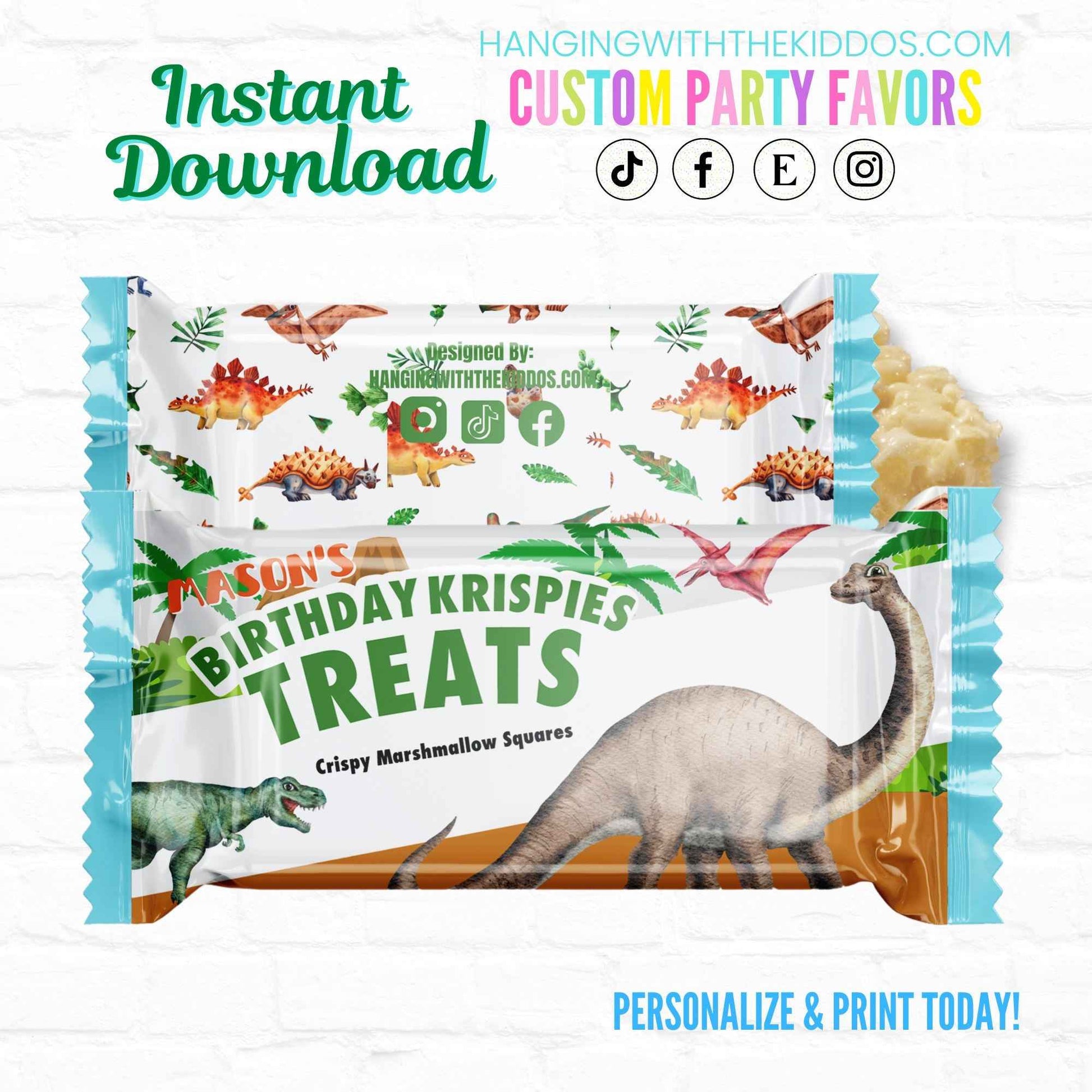 Dinosaur Birthday Personalized Rice Krispy Treats Wrappers| Instant Download