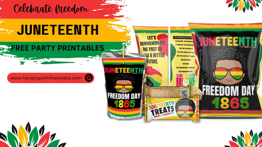 Juneteenth celebration setup with vibrant printable wrappers for party snacks.