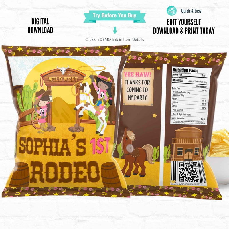 Cowgirl party printables for Sophia's 1st rodeo themed birthday, featuring fun designs and editable elements.