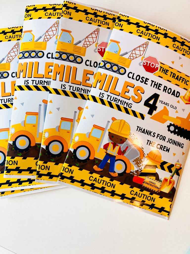 Glossy Chip Bag Paper – DIY Party Favor Sheets used for construction-themed birthday wrappers, ideal for custom chip bags and party favors.