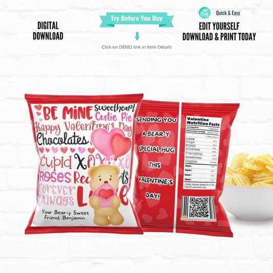 Teddy Bear Valentine Chip Bag Template