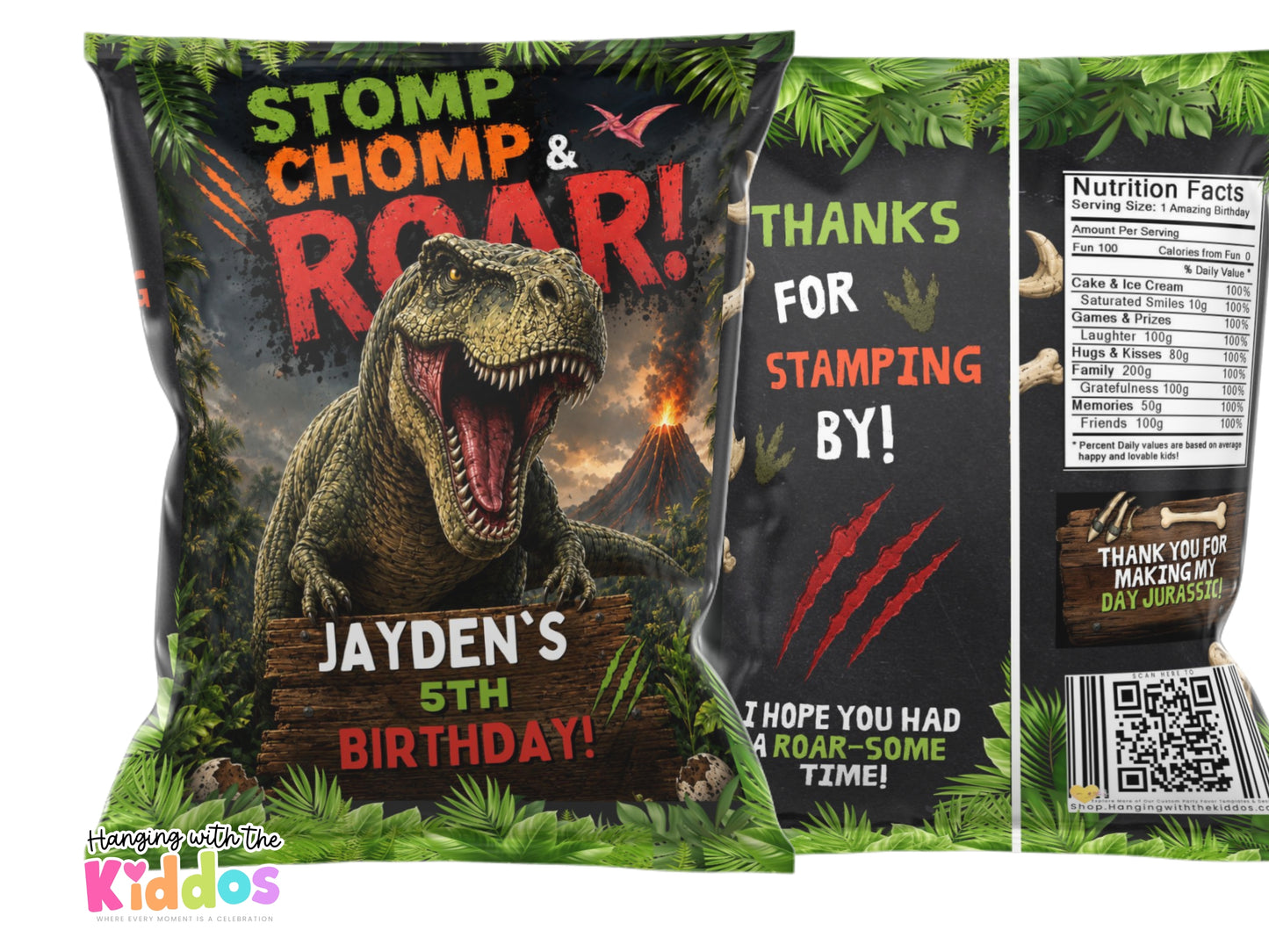 Editable Dinosaur Chip Bag Template Printable featuring a T-Rex, volcano, dinosaur footprints, and personalized birthday party favor design