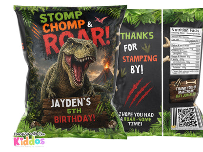 Editable Dinosaur Chip Bag Template Printable featuring a T-Rex, volcano, dinosaur footprints, and personalized birthday party favor design