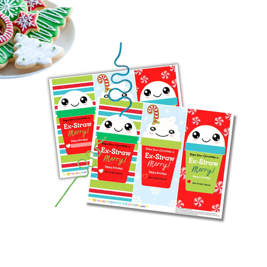 Personalized Christmas Crazy Straw Cards with holiday designs, slots for straws, and space to add a name.