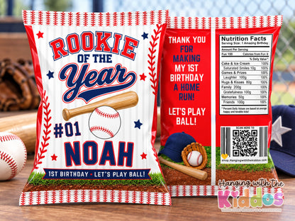 Baseball 1st Birthday Chip Bag Template | Rookie of the Year