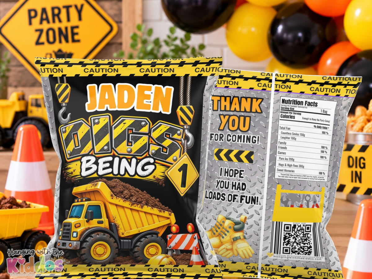 Construction 1st Birthday Chip Bag Template | Digs Being One