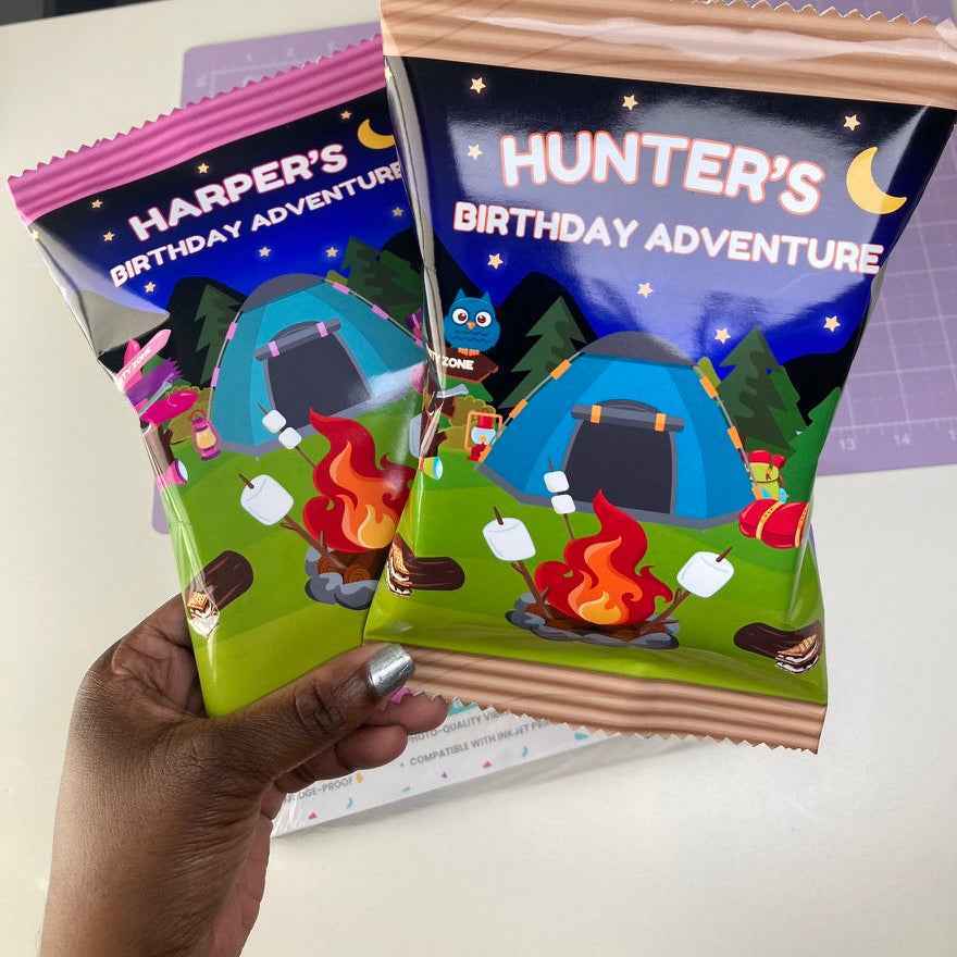 Glossy Chip Bag Paper – DIY Party Favor Sheets used for camping-themed birthday wrappers, showing vibrant, high-quality prints for custom party favors.
