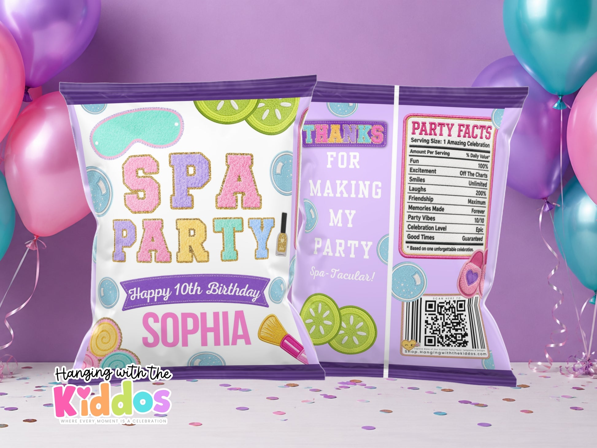 Editable Spa Party Chip Bag Template for girls birthday party favors featuring spa-themed graphics, beauty elements, and customizable Canva design.