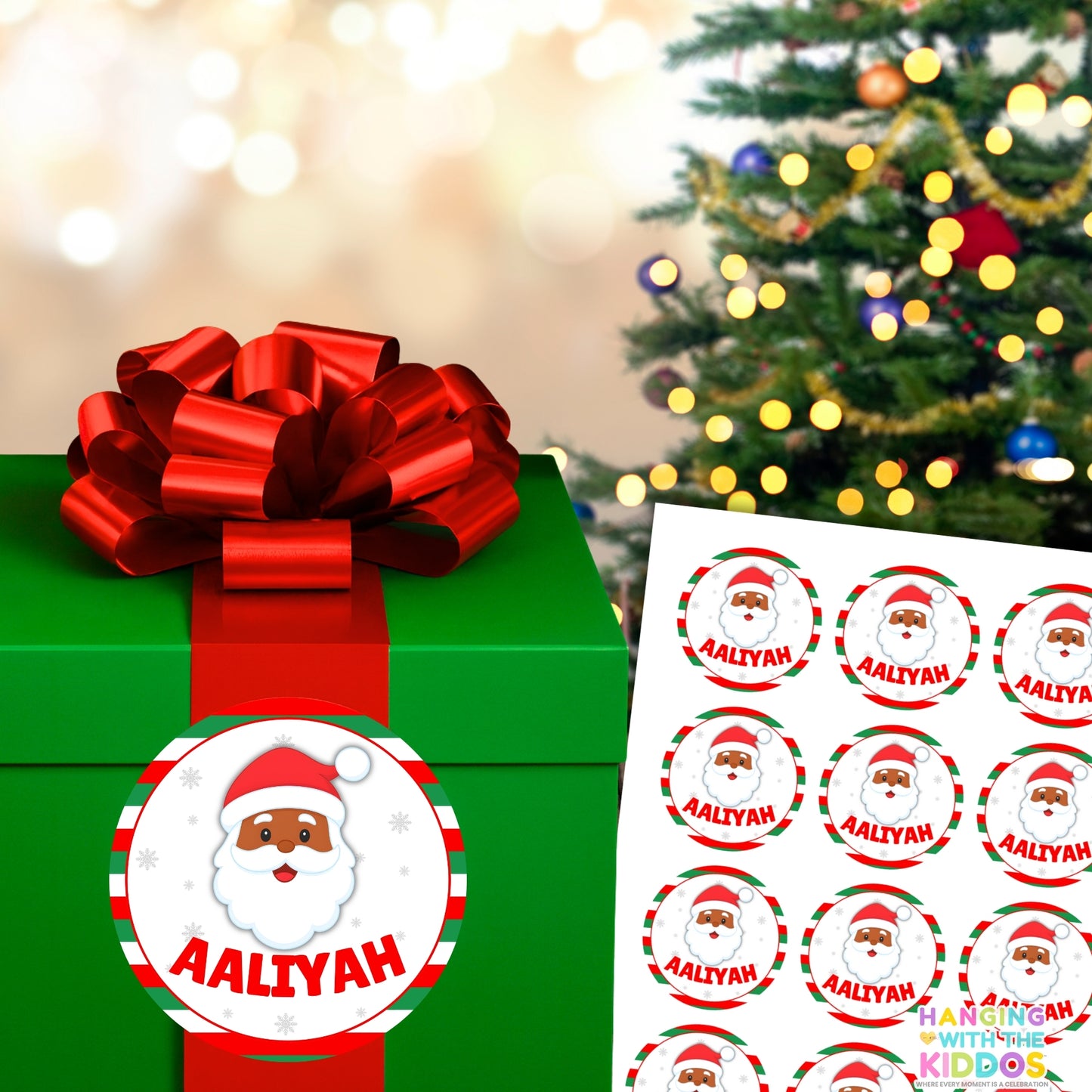 Personalized Christmas Stickers | Custom Name Holiday Labels 2″ x 2″ Santa (Brown Skin)