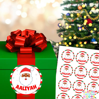 Personalized Christmas Stickers | Custom Name Holiday Labels 2″ x 2″ Santa (Brown Skin)