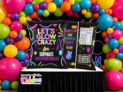 Glow Party Chip Bag Template | Editable Neon Birthday Party Favor