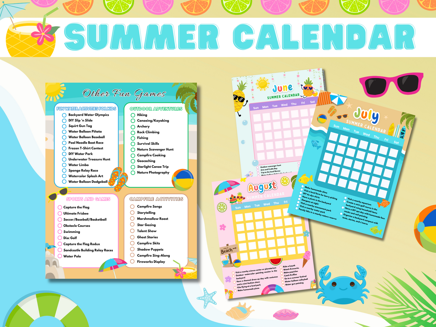 Editable Summer Calendar for Kids
