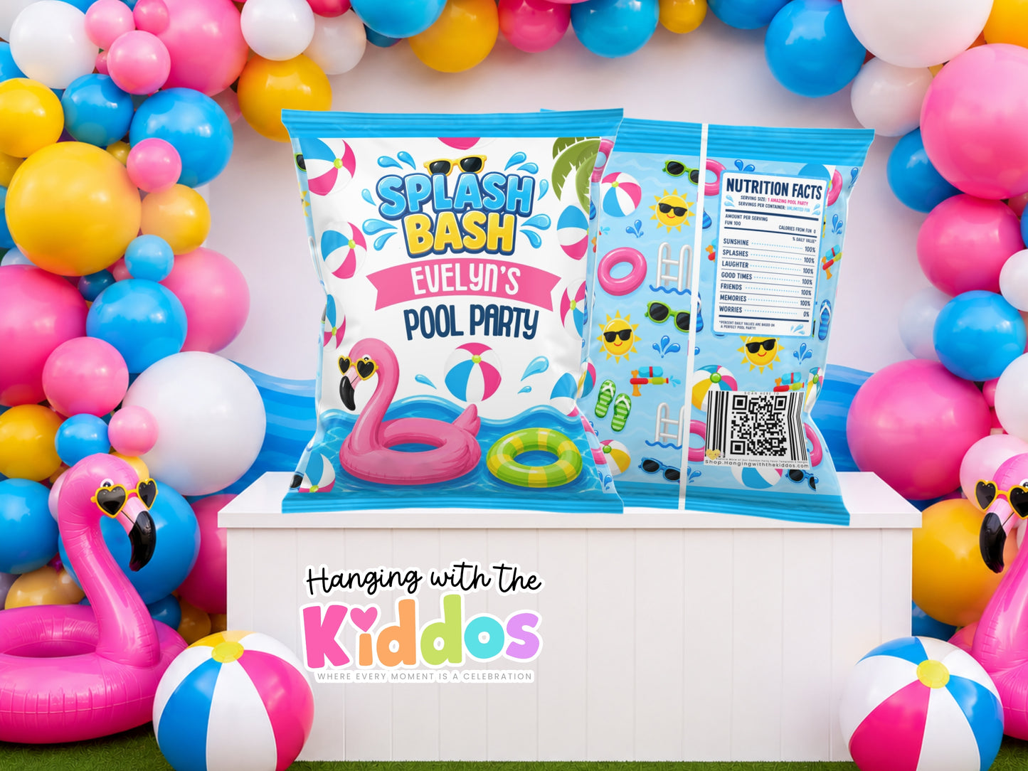 Editable Pool Party Chip Bag Template featuring a colorful summer pool theme for birthday party favors, customizable in Canva.