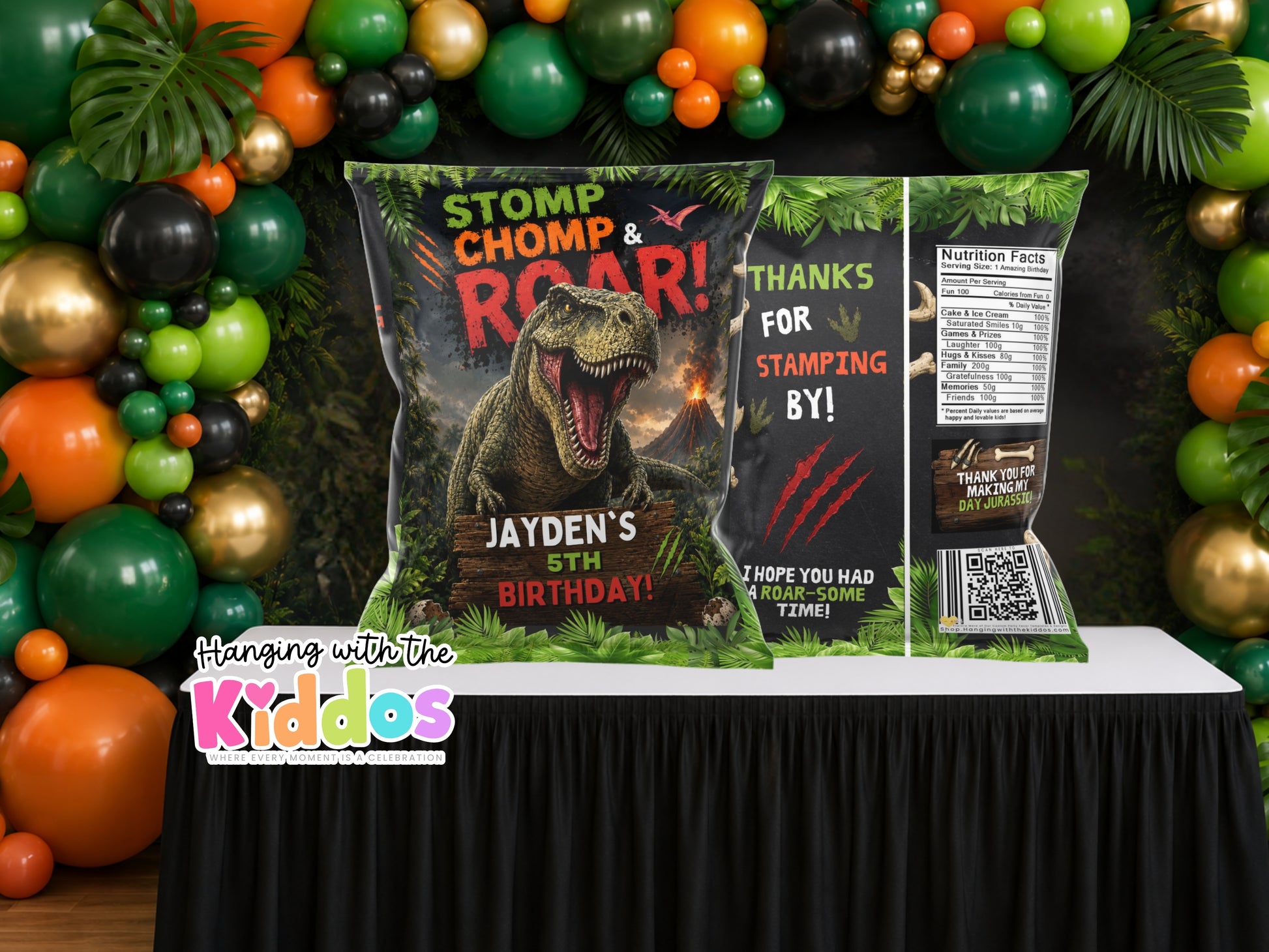 Dinosaur-themed birthday party with personalized snack bags and colorful balloons.